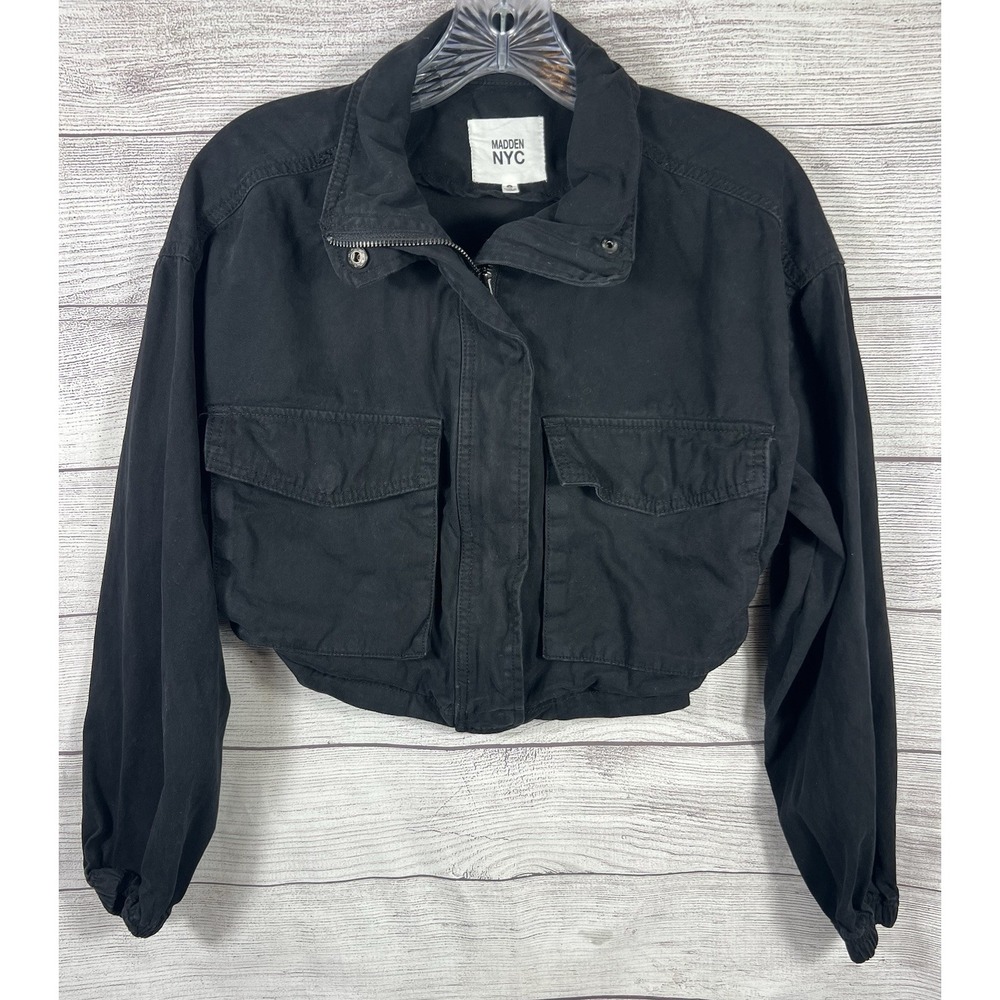 MADDEN NYC Black Cropped Bomber Jacket Small Gothic Athleisure Streetwear Small